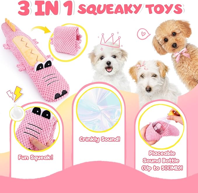 KIPRITII 25-Pack Pink Dreamy Dog Toy Set for Small Female Puppies - Includes Sweet Rope Toys, Chew Toys, Cute No-Stuffing Squeaky Dog Toy for Boredom and Teething-Mewly Pet