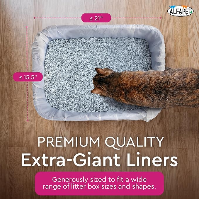 Alfapet Elastic Cat Litter Box Liners - Extra Giant 30 Count - Tear-Resistant Cat Litter Bags - Waterproof Kitty Litter Liners - Fits Litter box Pan Sizes XL, Giant, X-Giant, 37" x 18", 20 lb Capacity-Mewly Pet