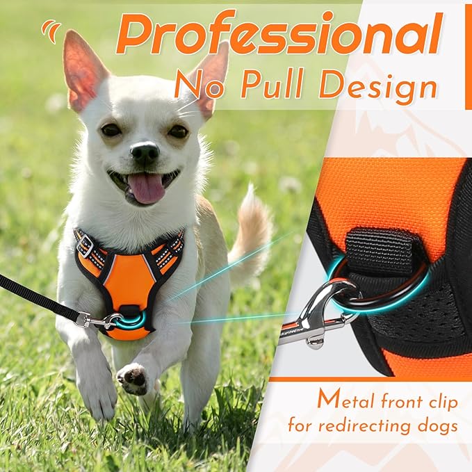 Eagloo Small Dog Harness No Pull, Service Vest with Reflective Strips and Control Handle, Adjustable and Comfortable for Easy Walking, No Choke Pet Harness with 2 Metal Rings, Orange, XS-Mewly Pet