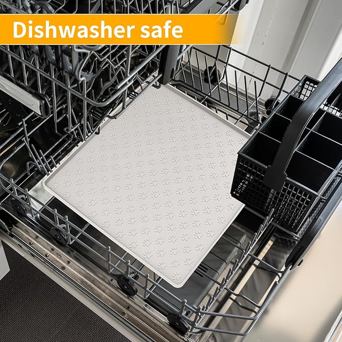 Ptlom Dog Food Mat Anti-Slip Bowl Mats for Food and Water, Waterproof Silicone Pet Placemat with High Raised Edges, Non-Slip Puppy Feeding Tray for Small, Medium Large Cats Dogs, Cream, 11.8"x11.8"-Mewly Pet