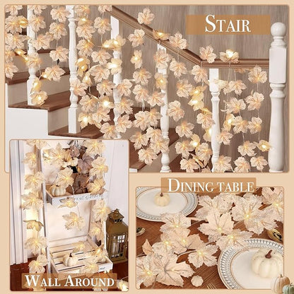 5 Pack Thanksgiving Garland with Lights Maple Leaf String Lights - Total 32.5 Ft Fall Leaf Garland String Lights with 100LED Battery Operated Decor for Fireplace Thanksgiving Table Decorations Indoor