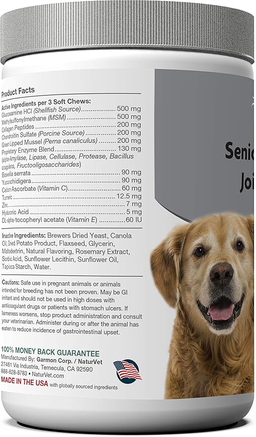NaturVet Senior Advanced Joint Health Dog Supplement – Includes Glucosamine, MSM, Chondroitin, Collagen – Helps Supports Canine Joint Health Function – 120 Ct. Soft Chews-Mewly Pet