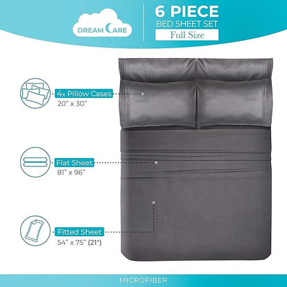 DREAMCARE Full Size Sheet Set – 6 pcs Cooling Bed Sheets – up to 21” Deep Sheets Full Size Bed Set – 2500 Supreme Collection – Extra Soft 100% Brushed Microfiber Hotel Luxury with Side Pocket – Gray