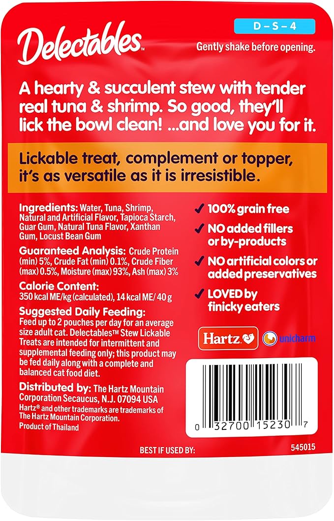 Hartz Delectables Stew Lickable Wet Cat Treats for Adult & Senior Cats, Tuna & Shrimp, 12 Count, 1.4 Ounce (Pack of 12)-Mewly Pet