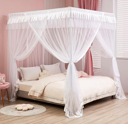 Mengersi 4 Corners Post Canopy Bed Curtains for Girls Kids Adults Queen Size- Cute Cozy Drape Square Netting - 4 Opening Mosquito Net - Princess Bedroom Decoration Gift