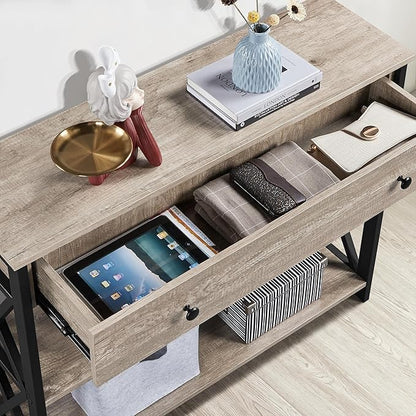 Yaheetech Console Table with Drawer, Entryway Table with 3 Tier Storage Shelves, Narrow Long Sofa Table for Entryway, Living Room, Hallway, Couch, Kitchen, Metal Frame, Gray