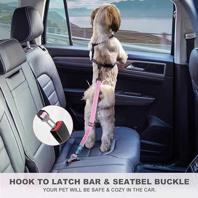 IOKHEIRA Dog Seat Belt 3-in-1 Car Harness for Dogs Adjustable Safety Seatbelt for Car Nylon Reflective Bungee Fabric Dog Car Harness with Clip Hook Latch & Buckle, Swivel Zinc Alloy Carabiner (Pink)-Mewly Pet