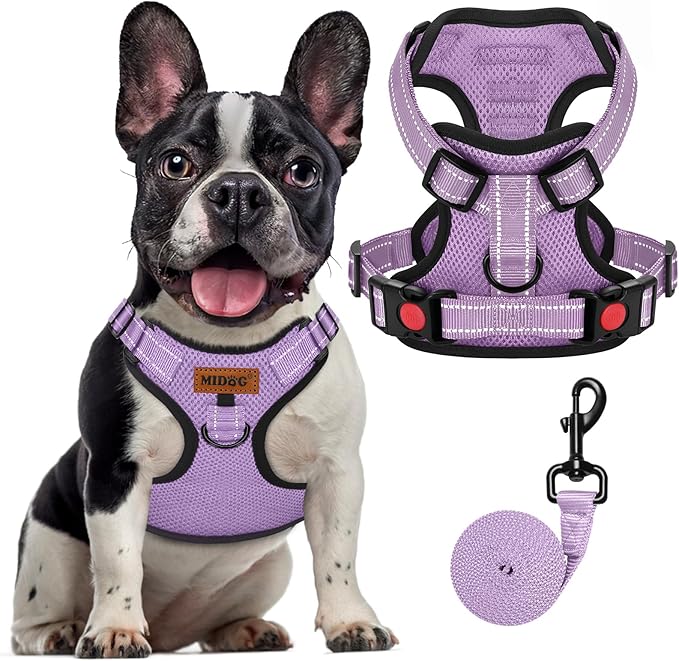 MIDOG No-Pull Dog Harness | Adjustable & Reflective Pet Harness Leash Set for Small Medium Large Dogs Walking, Training| No Choke, Front Clip, Soft Padded Vest with Easy Control Handle - Purple, M-Mewly Pet