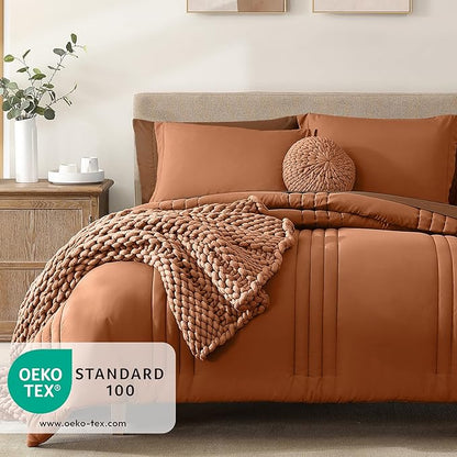 Monbix Oversized Queen Comforter Set - 7 Pieces Burnt Orange Bed in a Bag Queen Bedding Sets with Comforters, All Seasons Down Alternative Comforter Bed Set with Sheets,Pillowcases & Shams