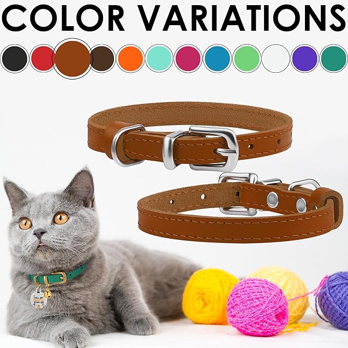 BRONZEDOG Leather Cat Collar with Removable Bells Non Breakaway Kitten QR Tag for Girl Boy (9" - 12" Cats/Mini Dogs, Light Brown & Silver)-Mewly Pet