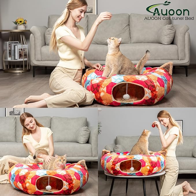 AUOON Cute Cat Donut Tunnel - Interactive Cat Tunnel Bed for Indoor Cats Kitten Kitty Puppy Rabbit Ferret (Orange)-Mewly Pet
