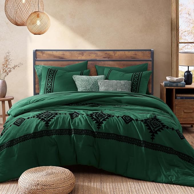 MaiRêve Embroidery Full Size Comforter Set Emerald Green, Farmhouse Western Boho Bedding Set 7 Pieces, All Season Bed in A Bag Comforter Set with Sheets, Pillowcases & Shams