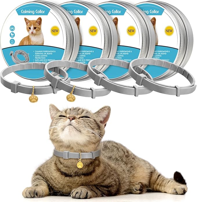 4 Pcs Cat Calming Collar Adjustable Lavender Scent Relaxing Cat Collar with 2 Pendant for Puppies Reduce Stress Aggression Anxious, up to 15 Inches(Grey, Silver)-Mewly Pet