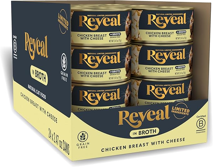 Reveal Natural Wet Cat Food, 24 Count, Grain Free, Limited Ingredient Canned Food for Cats, Chicken Breast with Cheese in Broth, 2.47 oz Cans-Mewly Pet