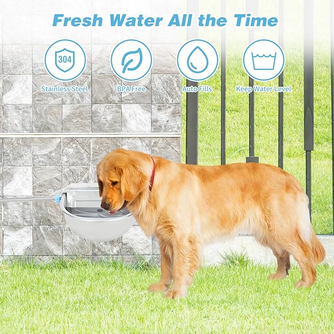 FHTONGE 304 Stainless Steel Automatic Water Dispenser with Drainage for Outdoor Big Dog, Large Auto Fill Dog Waterer Float Valves for Livestock Poultry Horse Cow Goat Pig Chicken Duck Rabbit Drinking-Mewly Pet