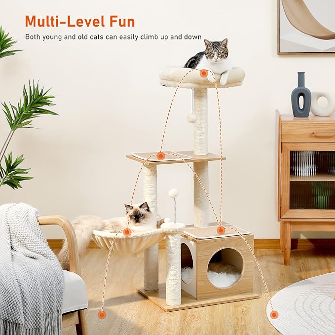 PEQULTI Cat Tree Modern Cat Tower for Indoor Cats,Multilevel Cat Play House with Large Condo, Spacious Hammock, Cozy Top Perch,Scratching Post and Dangling Balls-Mewly Pet