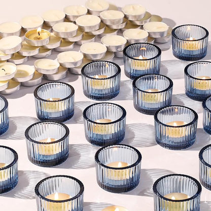 30Pcs Blue Tealight Candle Holder, Ribbed Votive Candle Holders Glass with 32pcs Tea Light Candles for Wedding Decor, Home Decor and Party Decor