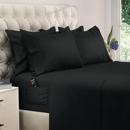 DREAMCARE California King Sheet Sets – 6 pcs Cooling Bed Sheets – up to 15” Deep Cal King Sheets – 2500 Supreme Collection – Extra Soft 100% Brushed Microfiber Hotel Luxury with Side Pocket – Black