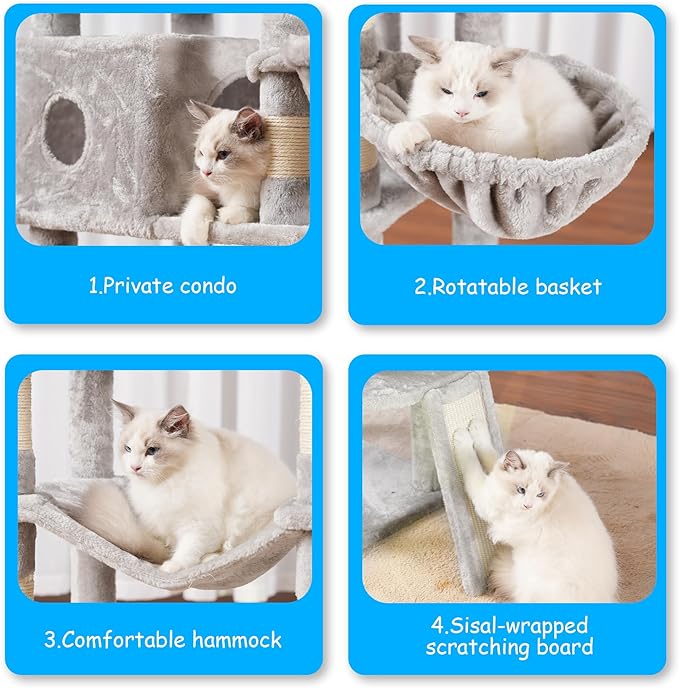 Hey-brother Cat Tree, 69.3-Inches Multi-Level Plush Cat Tower for Indoor Cats with Large Top Perch, Extra Spacious Hammock, 2 Hammocks Ramp, Hanging Ball, Light Gray MPJ037W-Mewly Pet