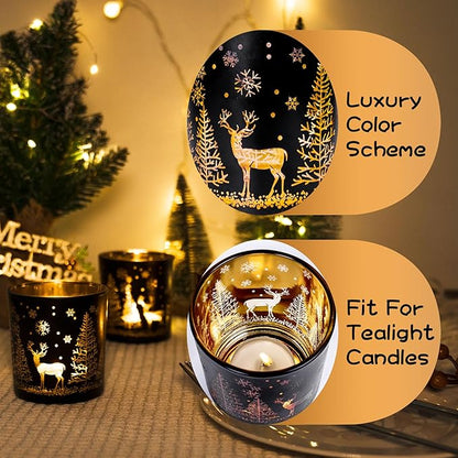 Votive Candle Holders, Black and Gold Glass Tealight Candle Holder Set of 3, Christmas Candle Holder with Elk, Xmax Tree, Snowflake Pattern, Table Canterpieces for New Year Party Decor