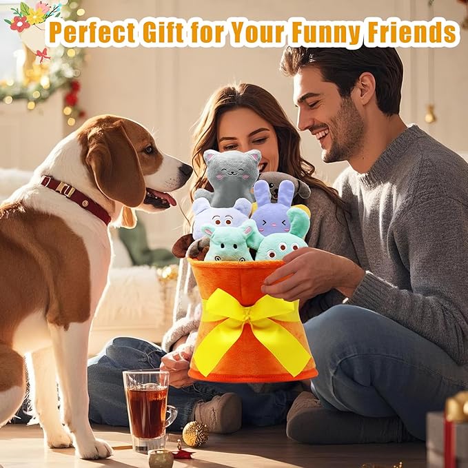 Squeaky Dog Toys, 11 Pcs Interactive Dog Plush Toy Collection in Flower Bouquet Packaging,10 Adorable Animal Plushies for Endless Play & Training-Mewly Pet