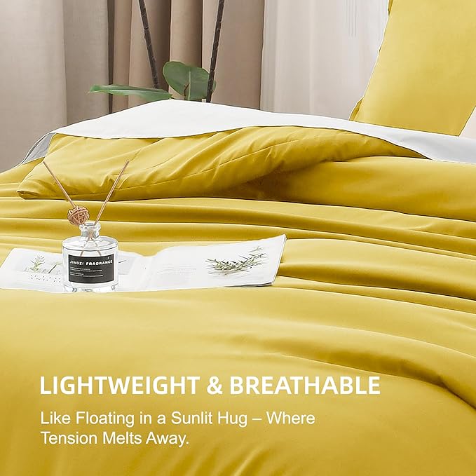 Litanika Mustard Yellow Comforter Set Full Size, 3 Pieces Lightweight Solid Bedding Comforter Set, All Season Fluffy Bed Set (79x90In Comforter & 2 Pillowcases)