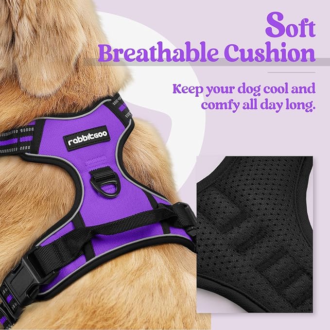 rabbitgoo Dog Harness No Pull with 2 Leash Clips, Adjustable Soft Padded, Reflective Oxford No Choke Pet Vest with Easy Control Handle for Medium Sized Dogs, Purple, M-Mewly Pet
