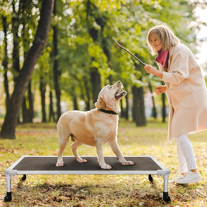 Veehoo Chew Proof Elevated Dog Bed - Cooling Raised Pet Cot - Silver Aluminum Frame and Durable Textilene Mesh Fabric, Unique Designed No-Slip Feet for Indoor or Outdoor Use, Brown, Large, CWC2003-Mewly Pet