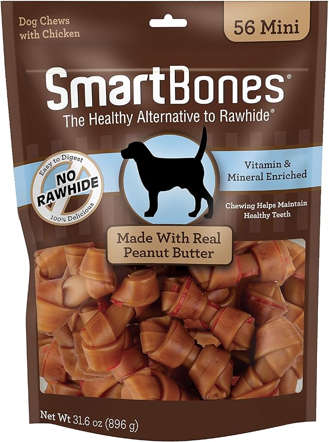 SmartBones Mini Bones With Real Peanut Butter 56 Count, Rawhide-Free Chews For Dogs-Mewly Pet