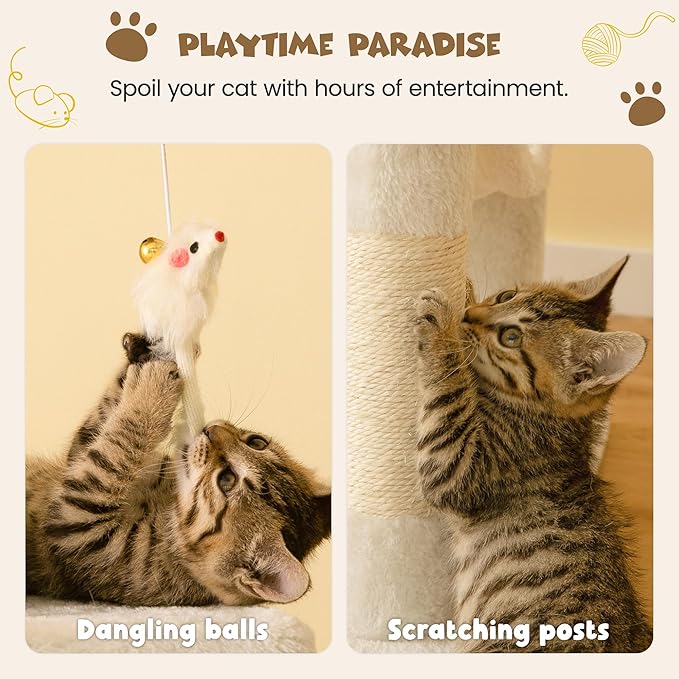 MWPO 63.8 inches Multi-Level Cat Tree for Large Cats with Sisal-Covered Scratching Posts, Padded Platform, Hammock and Condo,Stable Cat Tower Cat Condo Pet Play House-Beige-Mewly Pet