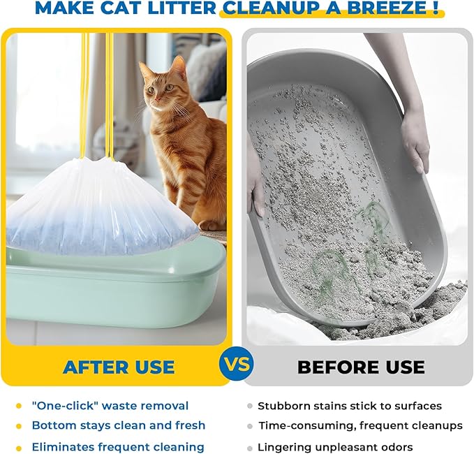 KONE Cat Litter Box Liners, 26 Count Extra Durable Large Drawstring Kitty Litter Pan Bags, 30" x 17"-Mewly Pet