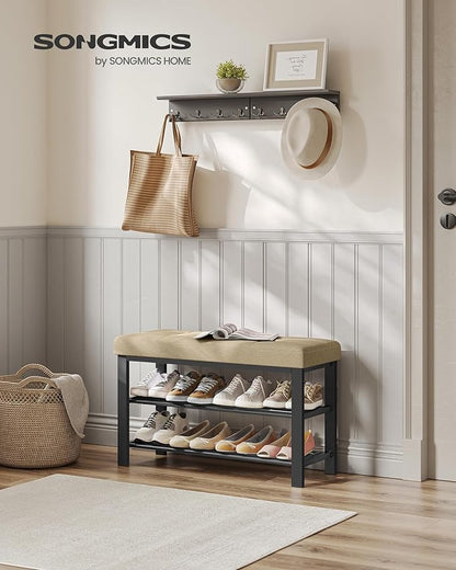 SONGMICS Shoe Bench, Storage Bench, Entryway Bench with Cushion, Shoe Shelf with Seat, Space-Saving, Modern Style, for Living Room, Bedroom, Hallway, Camel Brown and Ink Black ULBS057K01