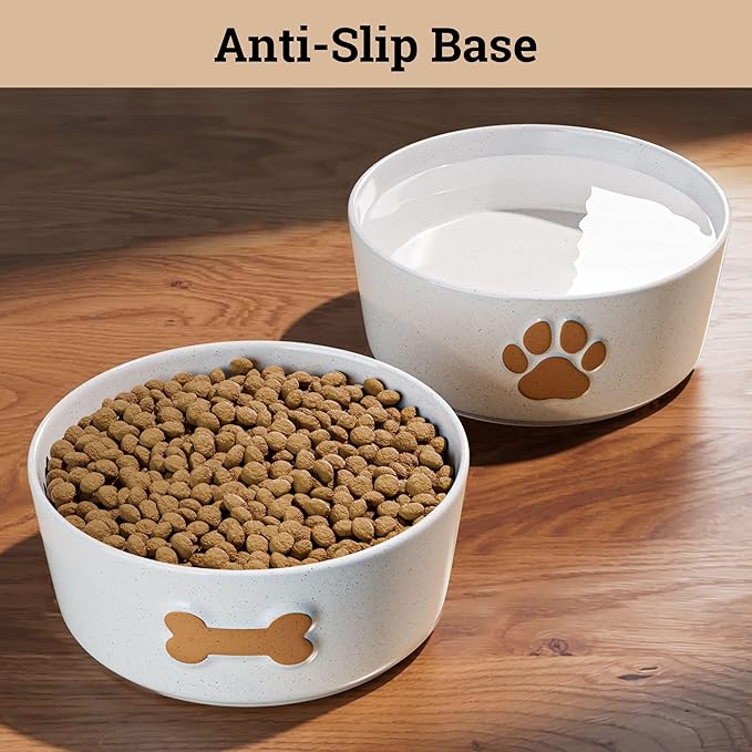 Ceramic Dog Bowl Set of 2 with Anti-Skid Base - 6.5" Wide x 2.5" Tall Ceramic Dog Bowls Medium Sized Dogs - 3.8 Cup Capacity Food and Water Bowls for Dogs - Rubber Bottom Pet Bowl Set of 2 Medium Size-Mewly Pet