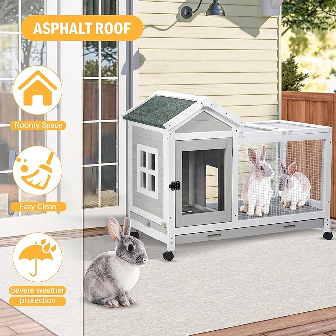 Wooden Rabbit Hutch with Waterproof Roof,Outdoor/Indoor Bunny Cage with Removable Slide-Out Bottom Tray, Chewproof Rabbit cage for Small-Medium Animals (Guinea Pigs, Hedgehogs)-Mewly Pet