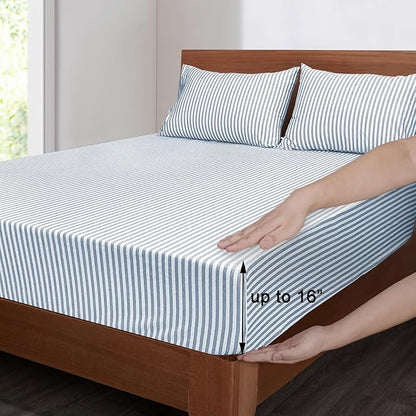 Mejoroom Striped Full Size Sheets - 1800TC Luxury Full Sheets with 16 Inch Deep Pocket - Premium Bedding Collection - Extra Soft, Breathable, Wrinkle, Fade & Stain Resistant - 4 Piece (Blue Stripe)
