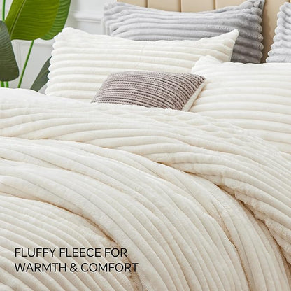 BEDELITE Fleece King Comforter Set -Super Soft & Warm Fluffy Cream White Bedding, Luxury Fuzzy Heavy Bed Set for Winter with 2 Pillow Cases