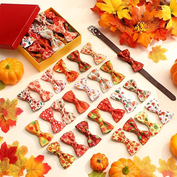 Hillban 50 Pcs Fall Collar Dog Bow Ties Maple Leaves Dogs Collar Accessories Pets Bow Ties Attachment with Elastic Bands Detachable Charms for Doggie Fall Autumn Costume-Mewly Pet