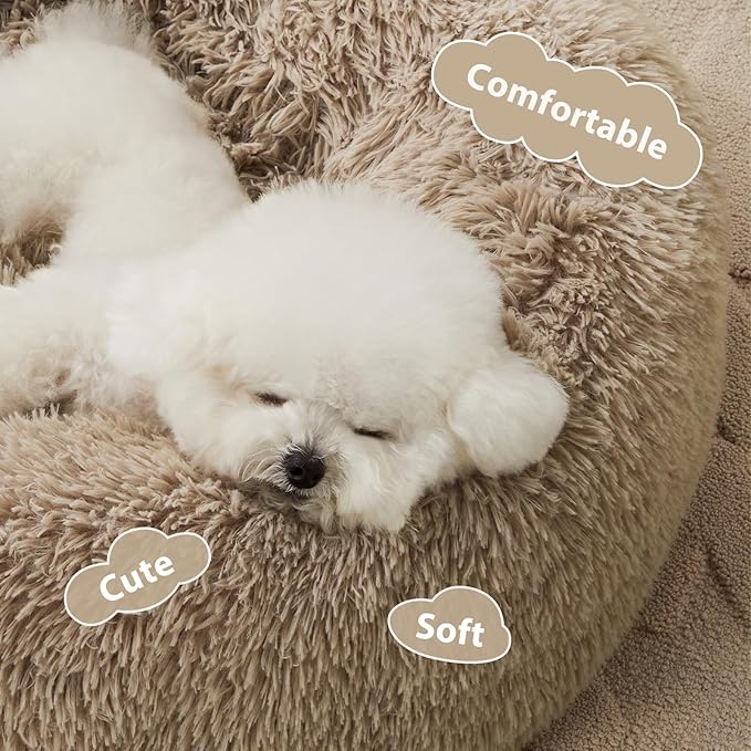 WNPETHOME Calming Dog Bed & Cat Bed, Anti-Anxiety Donut Small Dog Beds, Fluffy Faux Fur Cat Cushion Dogs Bed for Small Dogs and Pet (24 x 24 Inch, Brown)-Mewly Pet