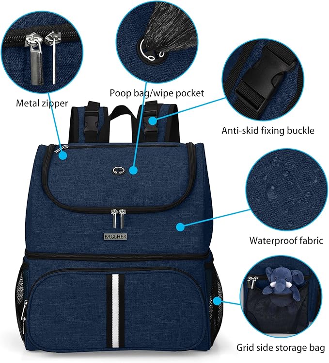 BAGLHER Pet Travel Bag, Double-Layer Pet Supplies Backpack (for All Pet Travel Supplies), Pet Travel Backpack with 2 Silicone Collapsible Bowls and 2 Food Baskets Dark Blue-Mewly Pet