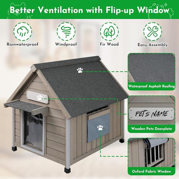 Outdoor Dog House Weatherproof Large Wooden Dog Kennel Indoor for Small Dogs with Chew-Proof Frame, Oxford Fabric Window, Removable Floor Pet Shelter (Grey, 26" D x 31.9" W x 32" H)-Mewly Pet