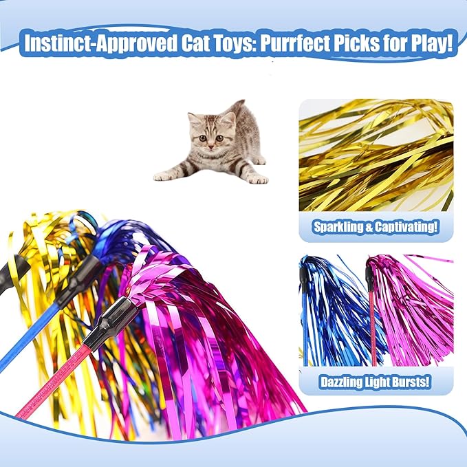 ADUCK Interactive Cat Teaser Wand Toy with Tassels - Durable Cat Chaser for Indoor Kitten Exercise, Boredom Relief & Training Play, Pack of 3 (Gold, Blue, Pink)-Mewly Pet