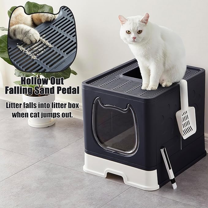 Gefryco Litter Box with Lid for Small to Medium Cats, Enclosed Cat Litter Box with Cover，High Sided Top Entry Cat Box with Brush and Scoop, Cute Kitty Litter Pan with Drawer for Growing Kitten(Black)-Mewly Pet