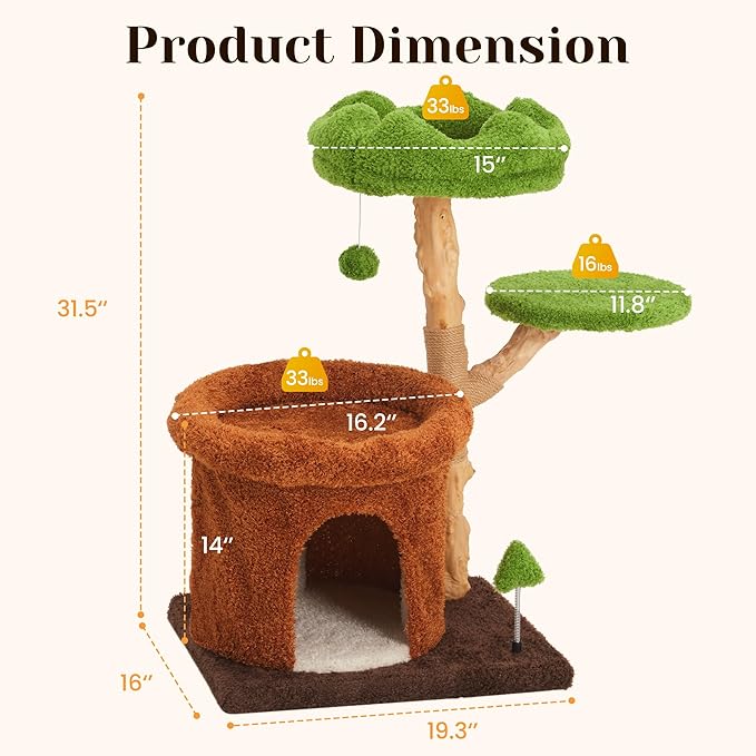 32-Inch Multi-Level Cat Tree Tower, Natural Wooden Cat Furniture with Sisal Scratching Posts, Beds & Condo, Cute Cat Tree for Indoor Cats, Multi-Cat Householdsolds-Mewly Pet