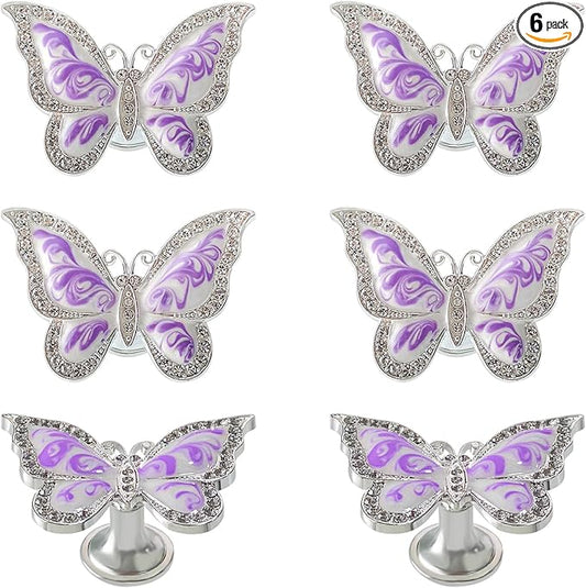 Butterfly Cabinet Knobs,6 Pieces Butterfly Knobs Single Hole Pulls Handles Decorative Door Cabinet Drawer Cupboard Furniture Door Wardrobe (Purple)