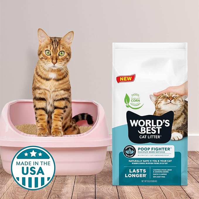 WORLD'S BEST CAT LITTER Poop Fighter Maximum Odor Defense, 8-Pounds - Natural Ingredients, Quick Clumping, Flushable, 99% Dust Free & Made in USA - Long-Lasting Odor Control & Easy Scooping-Mewly Pet
