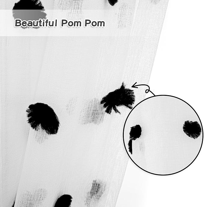 MYSKY HOME Black Pom Pom Curtains Halloween Nursery Curtains for Girls Bedroom 63 Inch Length Long Window White Sheer Curtains for Kids Room Rod Pocket Farmhouse Window Drapes 2 Sets 52" x 63"