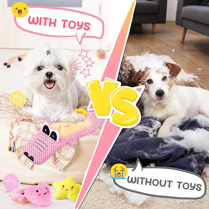 KIPRITII 25-Pack Pink Dreamy Dog Toy Set for Small Female Puppies - Includes Sweet Rope Toys, Chew Toys, Cute No-Stuffing Squeaky Dog Toy for Boredom and Teething-Mewly Pet