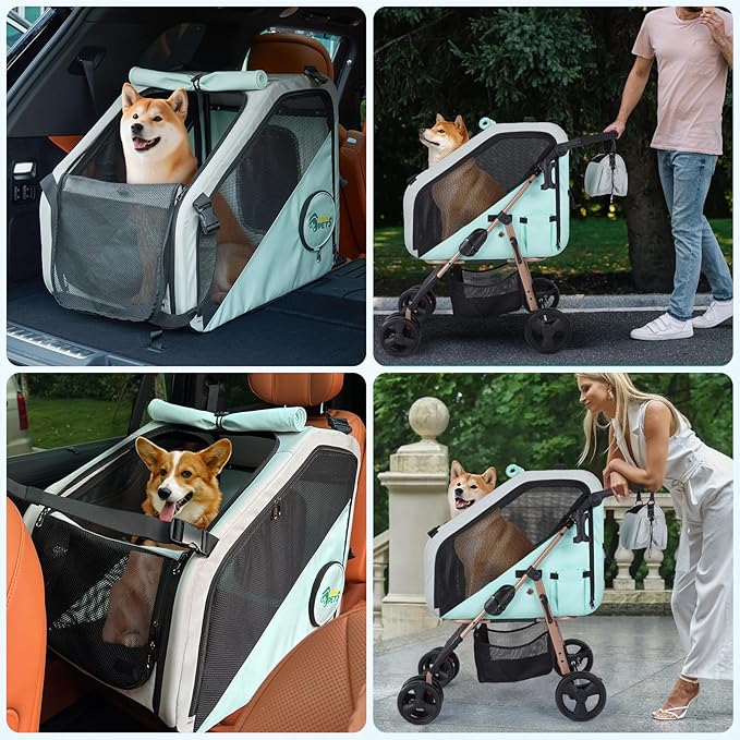 Ownpets Pet Stroller with Upgraded 4 Wheels, Foldable Dog Stroller for Medium Dogs and Cats Up to 66lbs, Detachable Carrier for Car Seat, with Storage Organizer, Cup Holder-Mewly Pet