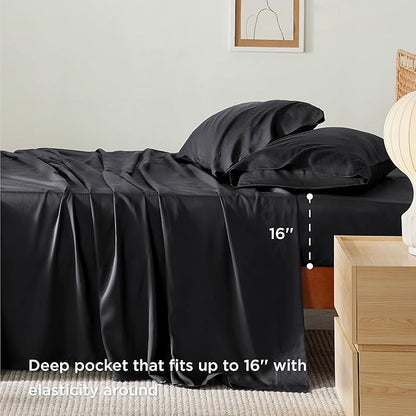 Bedsure Twin Sheets Set, Cooling Sheets Twin Size Bed Set, Rayon Derived from Bamboo, Twin Size Sheets, Breathable & Soft Bed Sheets, Hotel Luxury Silky Bedding Sheets & Pillowcases, Black