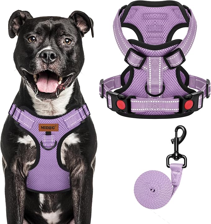 MIDOG No-Pull Dog Harness | Adjustable & Reflective Pet Harness Leash Set for Small Medium Large Dogs Walking, Training| No Choke, Front Clip, Soft Padded Vest with Easy Control Handle - Purple, L-Mewly Pet